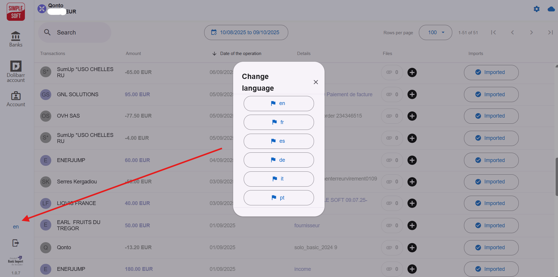 Language selector screenshot